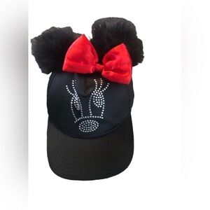 Disney Parks Minnie Mouse Hat Fabowlous YOUTH Rhinestone Red Black Bow Pom Pom